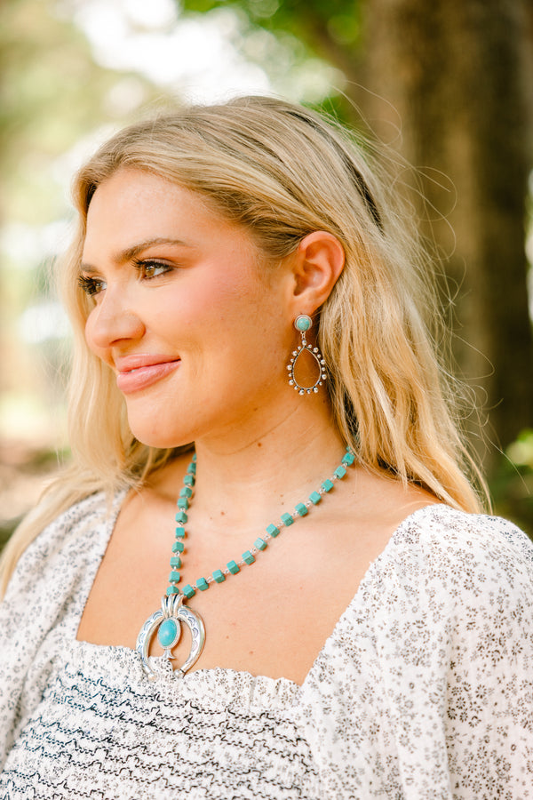Chic Soul plus size clothing, turquoise and silver stud earrings with silver tear drop shaped drop down pendant