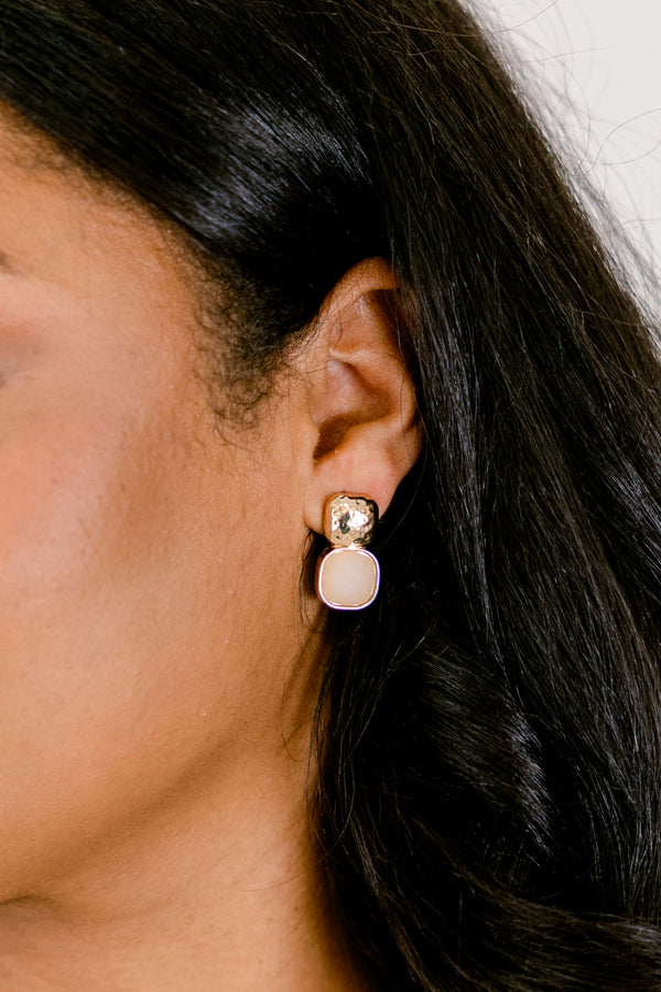 Chic Soul plus size clothing, gold studded earrings with square pendant and ivory square pendent detail on the bottom