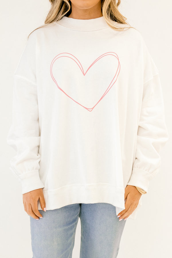 Chic Soul plus size clothing, ivory white mock neck long sleeve pullover with light pink outline of a heart on the front of the pullover