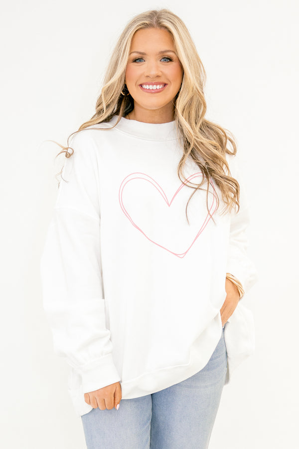 Chic Soul plus size clothing, ivory white mock neck long sleeve pullover with light pink outline of a heart on the front of the pullover