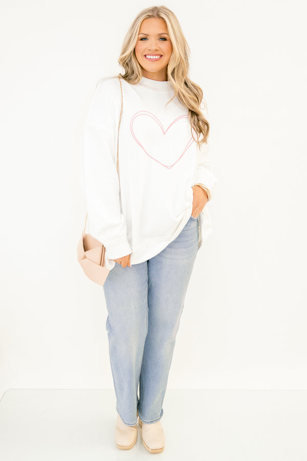 Chic Soul plus size clothing, ivory white mock neck long sleeve pullover with light pink outline of a heart on the front of the pullover