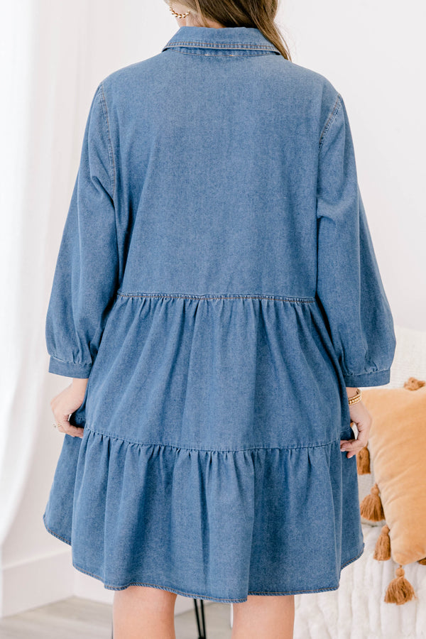 Chic Soul plus size clothing, denim long puff sleeve short tiered dress with buttons down the chest and a collar