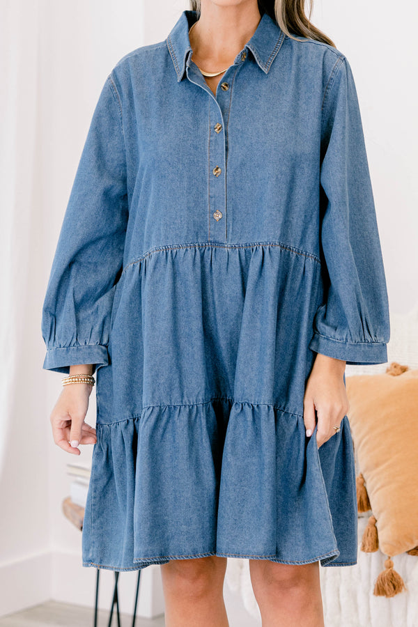 Chic Soul plus size clothing, denim long puff sleeve short tiered dress with buttons down the chest and a collar