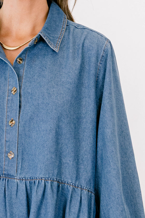 Chic Soul plus size clothing, denim long puff sleeve short tiered dress with buttons down the chest and a collar