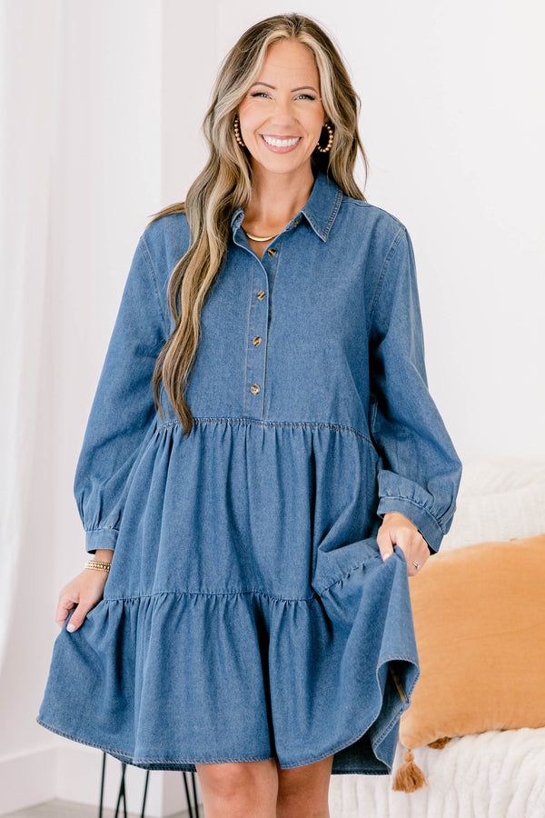 Chic Soul plus size clothing, denim long puff sleeve short tiered dress with buttons down the chest and a collar