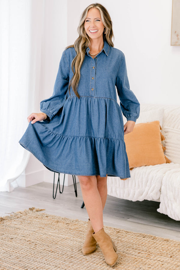 Chic Soul plus size clothing, denim long puff sleeve short tiered dress with buttons down the chest and a collar