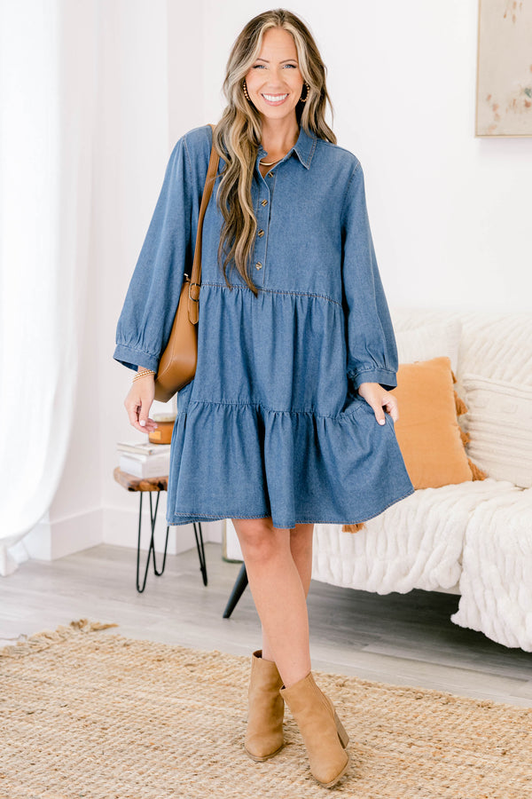 Chic Soul plus size clothing, denim long puff sleeve short tiered dress with buttons down the chest and a collar