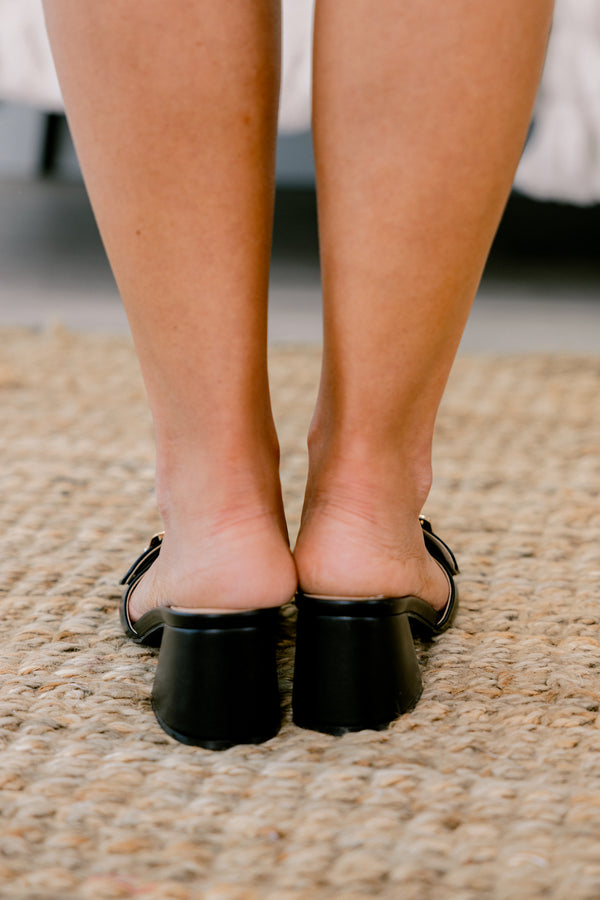 Chic Soul plus size clothing, black heels with a strap across the foot an a gold buckle detail on each shoe 