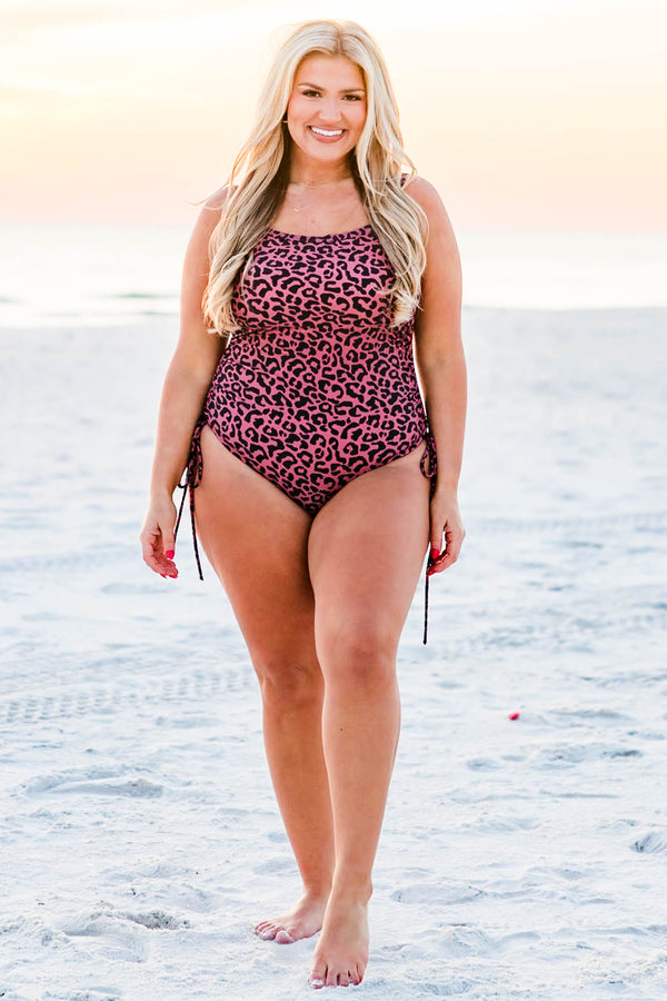 Chic Soul plus size clothing, leopard pattern one piece swimsuit with adjustable side ties and straps