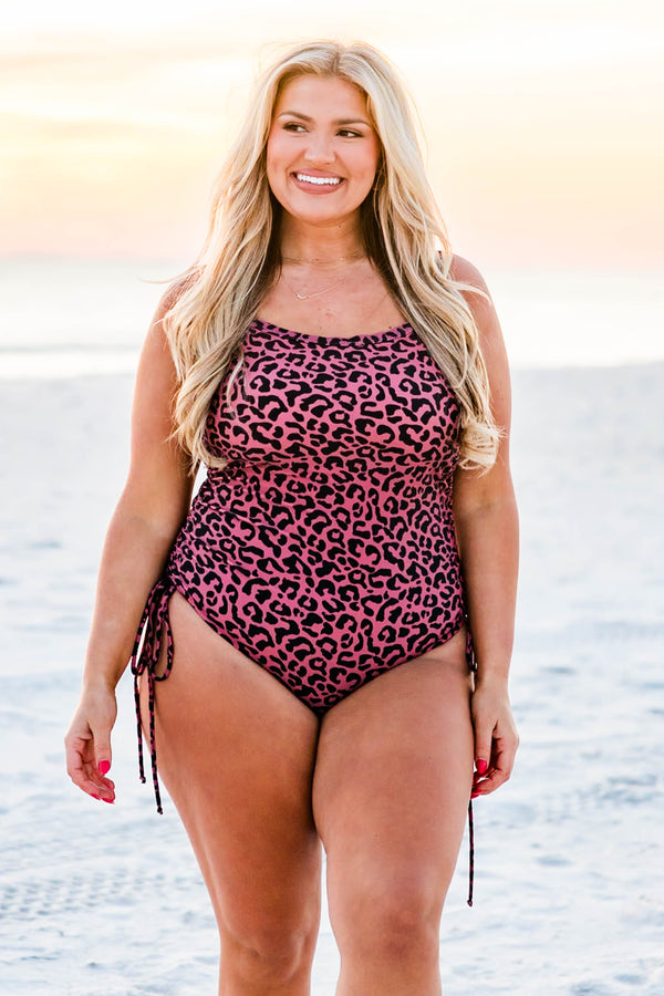 Chic Soul plus size clothing, leopard pattern one piece swimsuit with adjustable side ties and straps