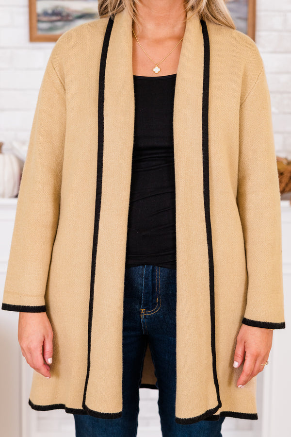 Chic Soul plus size clothing, long-sleeve taupe knit mid-thigh length cardigan lined with a color-block black along seams and sleeves
