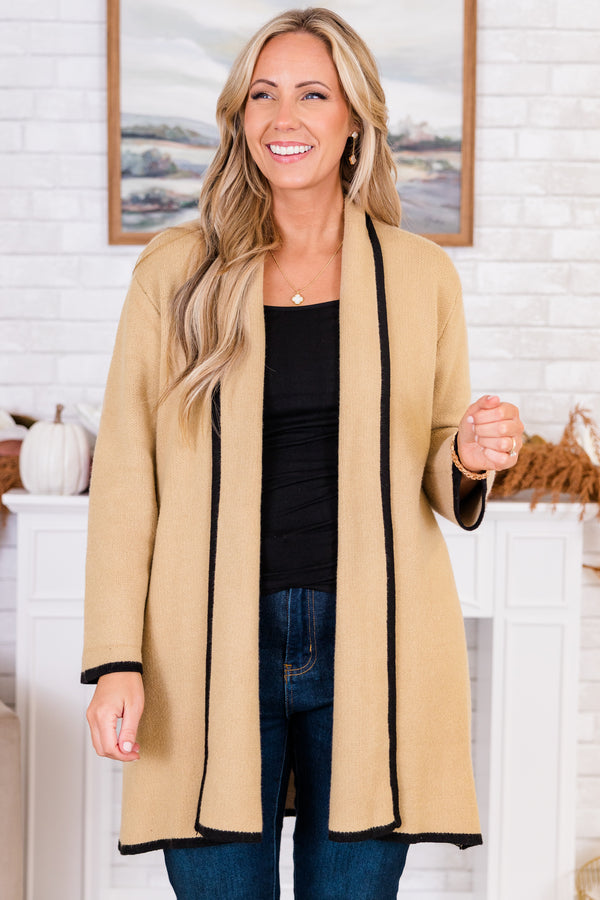 Chic Soul plus size clothing, long-sleeve taupe knit mid-thigh length cardigan lined with a color-block black along seams and sleeves
