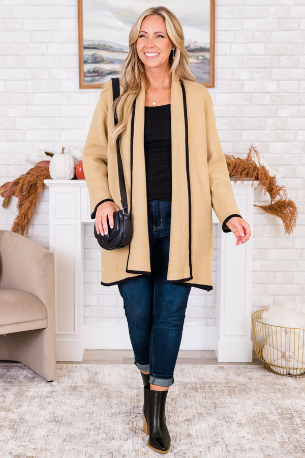 Chic Soul plus size clothing, long-sleeve taupe knit mid-thigh length cardigan lined with a color-block black along seams and sleeves