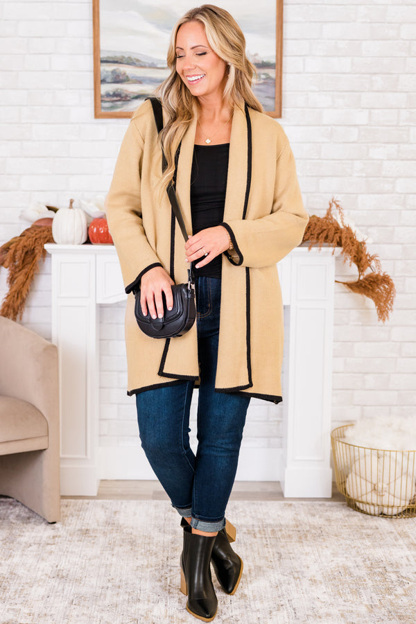 Chic Soul plus size clothing, long-sleeve taupe knit mid-thigh length cardigan lined with a color-block black along seams and sleeves