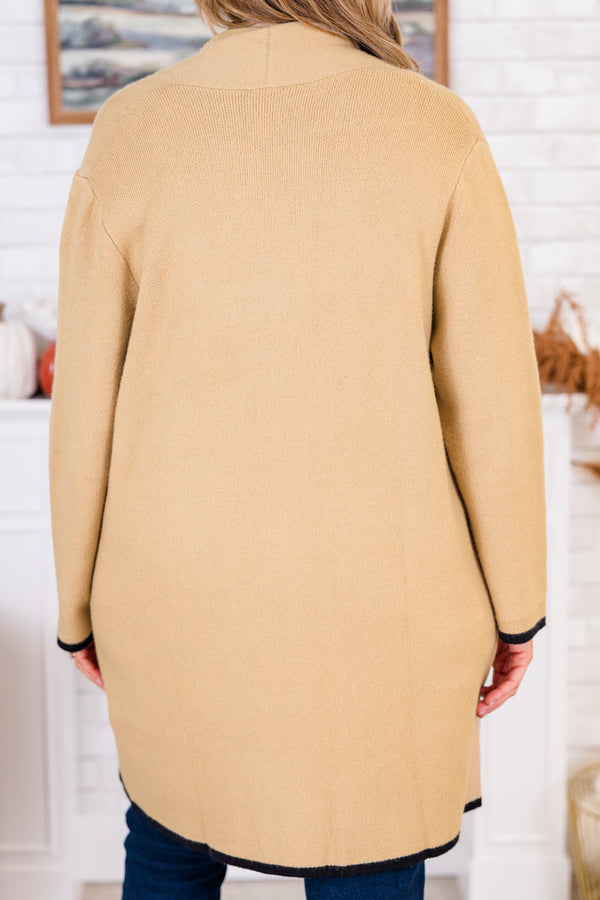 Chic Soul plus size clothing, long-sleeve taupe knit mid-thigh length cardigan lined with a color-block black along seams and sleeves