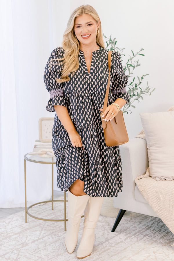 Chic Soul plus size clothing, black dress with block print