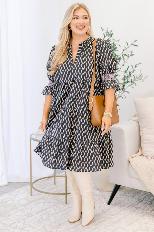 Chic Soul plus size clothing, black dress with block print