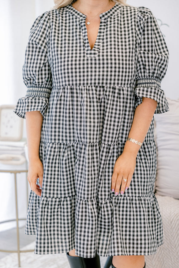 Chic Soul plus size clothing, back gingham tiered midi dress with cinched ruffle ½ sleeves and v neckline
