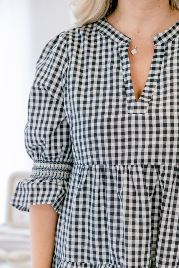 Chic Soul plus size clothing, back gingham tiered midi dress with cinched ruffle ½ sleeves and v neckline
