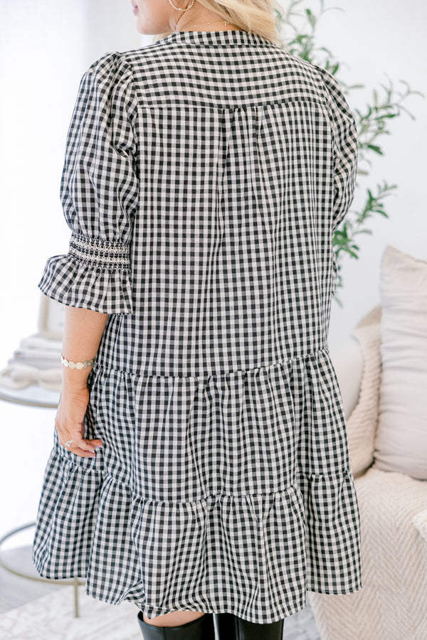 Chic Soul plus size clothing, back gingham tiered midi dress with cinched ruffle ½ sleeves and v neckline
