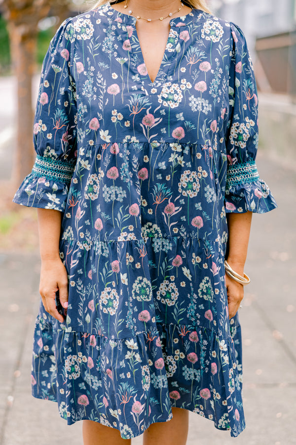 Chic Soul plus size clothing, blue floral baby doll dress with half sleeves that have a ruffle detail on the bottom of each of them 