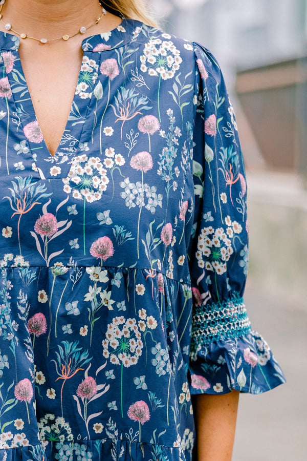 Chic Soul plus size clothing, blue floral baby doll dress with half sleeves that have a ruffle detail on the bottom of each of them 