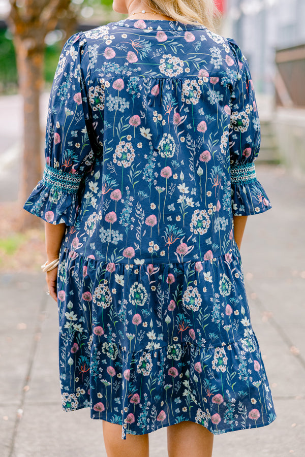 Chic Soul plus size clothing, blue floral baby doll dress with half sleeves that have a ruffle detail on the bottom of each of them 