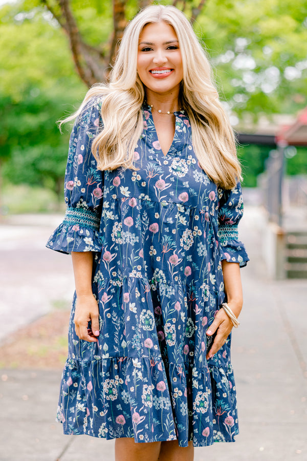 Chic Soul plus size clothing, blue floral baby doll dress with half sleeves that have a ruffle detail on the bottom of each of them 