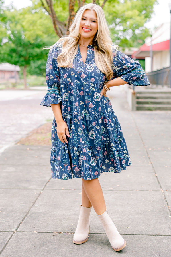 Chic Soul plus size clothing, blue floral baby doll dress with half sleeves that have a ruffle detail on the bottom of each of them 