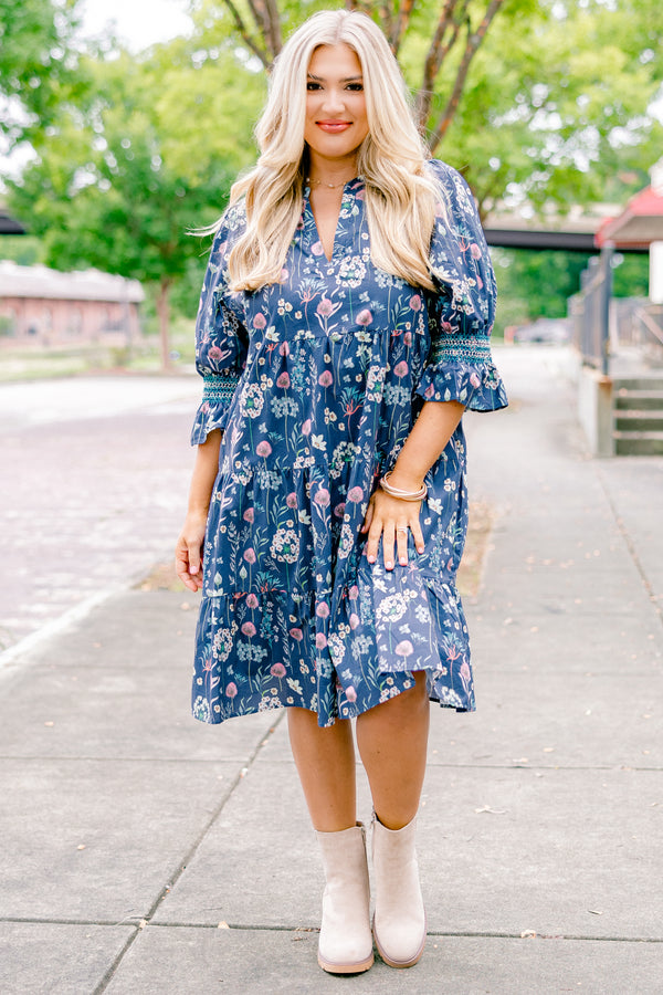 Chic Soul plus size clothing, blue floral baby doll dress with half sleeves that have a ruffle detail on the bottom of each of them 