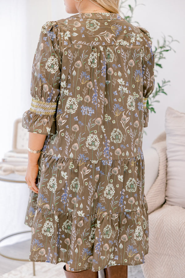 Chic Soul plus size clothing, brown and blue floral print short tiered baby doll dress with v neckline and cinching at the sleeves