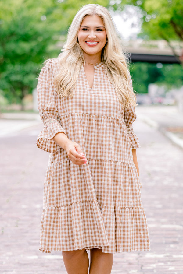Chic Soul Plus size clothing, brown gingham babydoll dress with half sleeves that have a ruffle detail on each end of the sleeve 