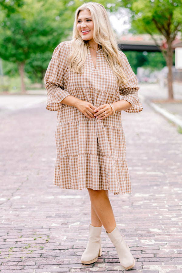 Chic Soul Plus size clothing, brown gingham babydoll dress with half sleeves that have a ruffle detail on each end of the sleeve 
