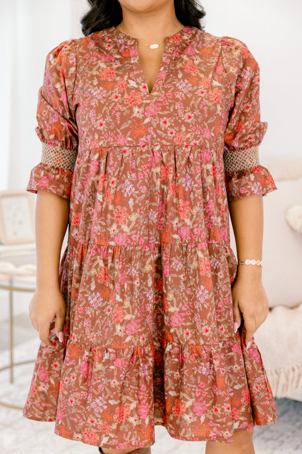 Chic Soul plus size clothing, dark brown midi sleeve babydoll dress with orange and pink floral print