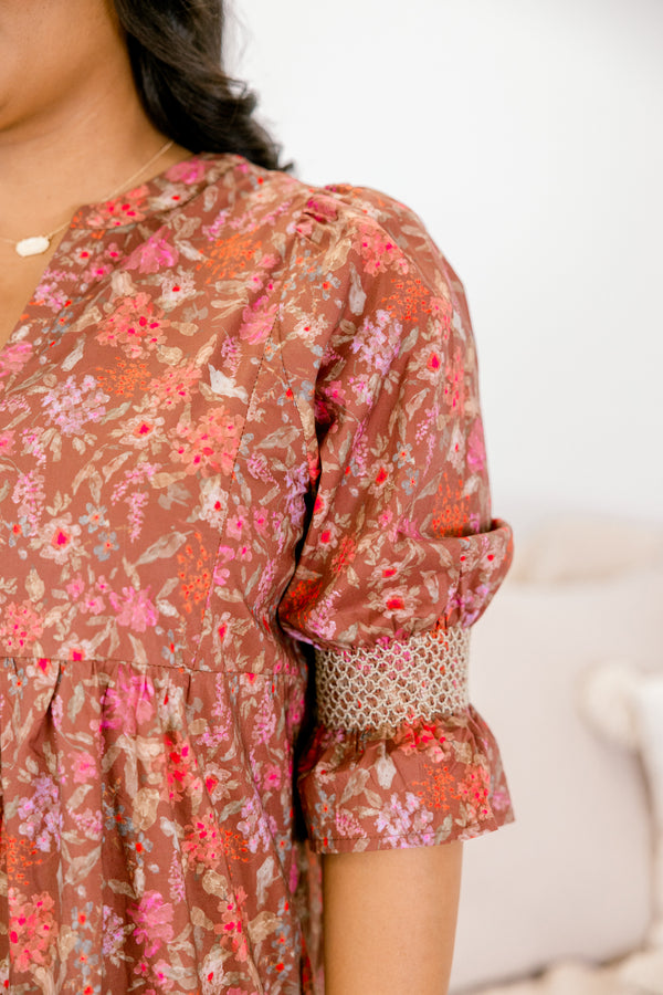 Chic Soul plus size clothing, dark brown midi sleeve babydoll dress with orange and pink floral print