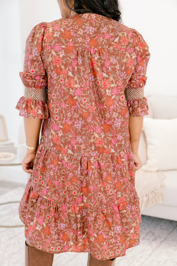 Chic Soul plus size clothing, dark brown midi sleeve babydoll dress with orange and pink floral print