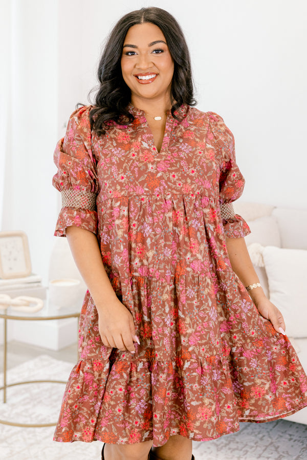 Chic Soul plus size clothing, dark brown midi sleeve babydoll dress with orange and pink floral print