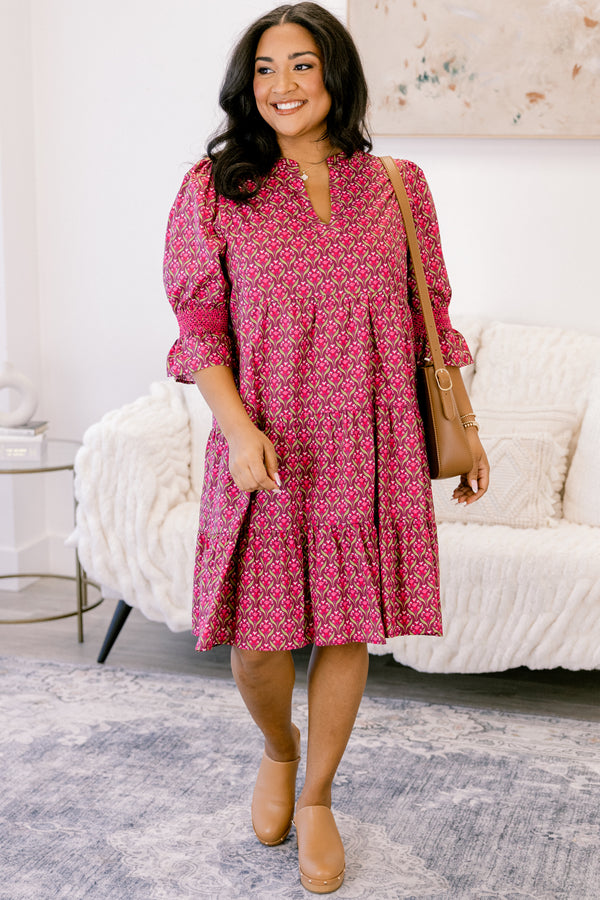 Chic Soul plus size clothing, dark pink geometric pattern short sleeve tiered flowy dress with v neckline cutout 