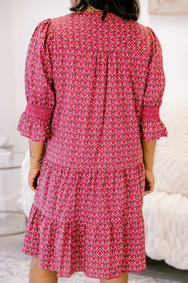 Chic Soul plus size clothing, dark pink geometric pattern short sleeve tiered flowy dress with v neckline cutout 