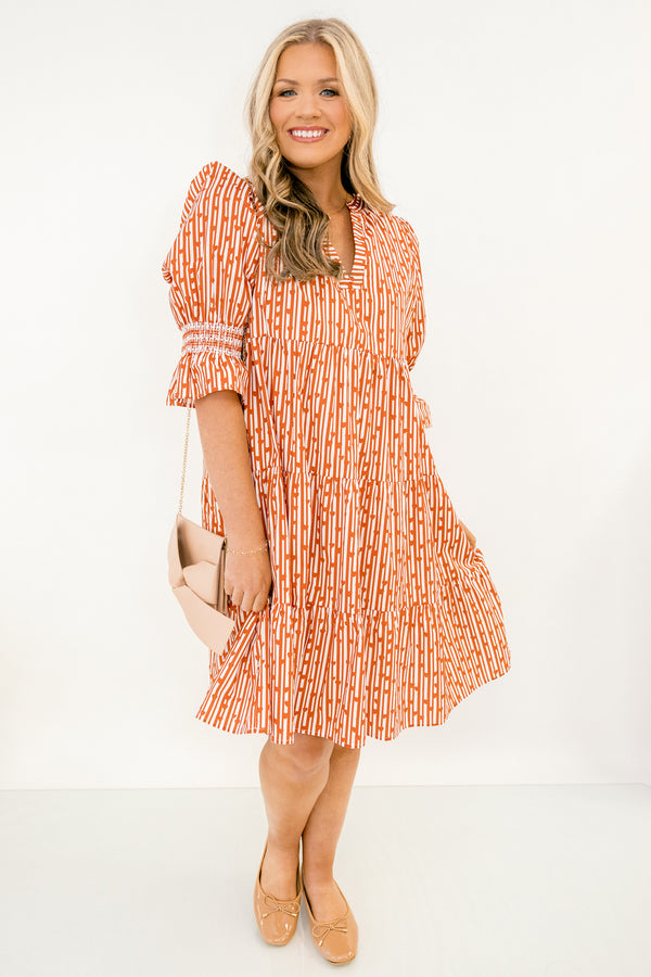 Chic Soul plus size clothing, red and orange abstract pattern mid sleeve short tiered dress with v-neckline and cinching at the ends of the sleeves