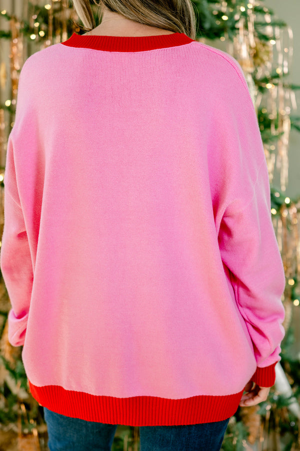 Chic Soul plus size clothing, pink long sleeve sweater with red trim on bottom and collar with 