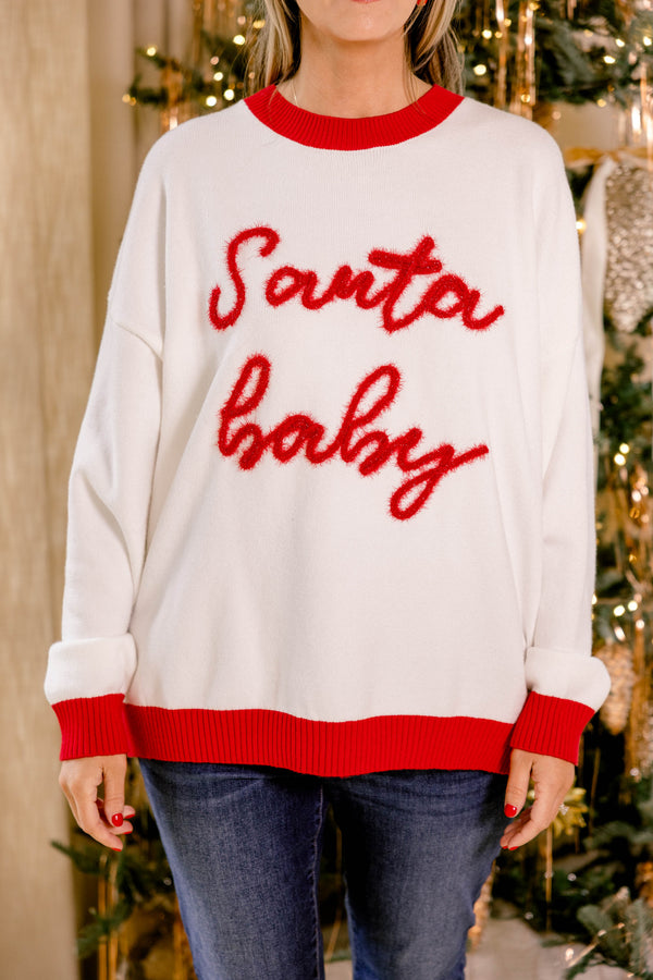 Chic Soul plus size clothing, white long sleeve sweater with red trim around the collar, sleeves, and hem and 