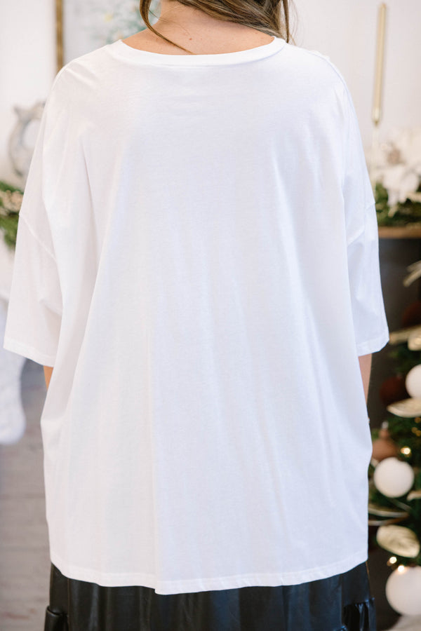 Chic Soul plus size clothing, white short sleeve boyfriend tee with red “Santa Claus world tour” and picture of Santa Claus on the front