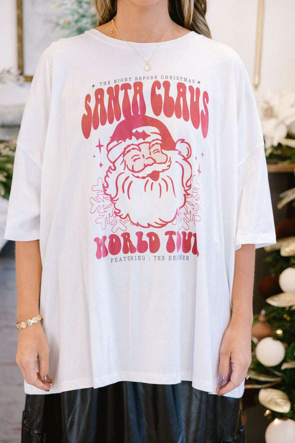 Chic Soul plus size clothing, white short sleeve boyfriend tee with red “Santa Claus world tour” and picture of Santa Claus on the front