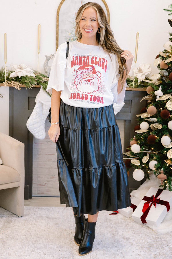 Chic Soul plus size clothing, white short sleeve boyfriend tee with red “Santa Claus world tour” and picture of Santa Claus on the front