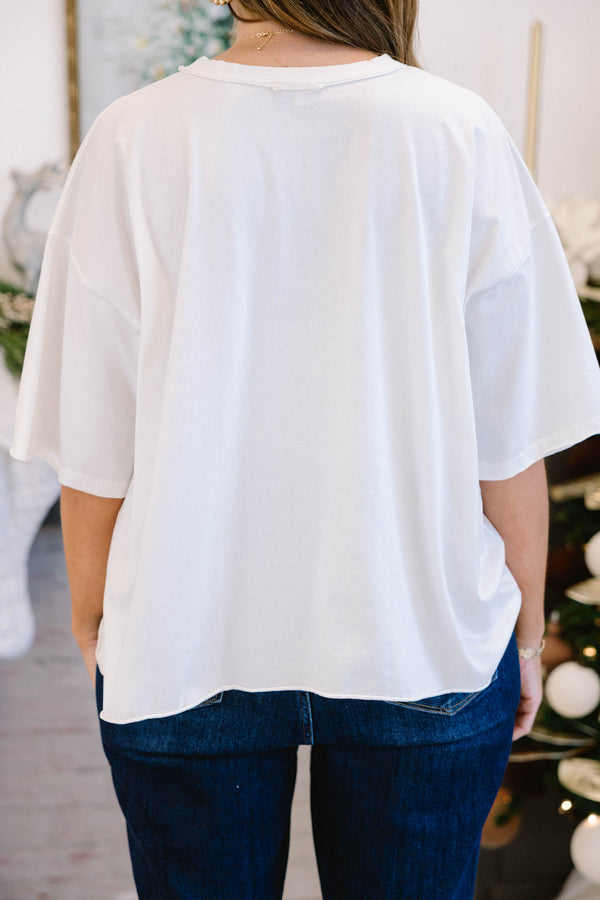 Chic Soul plus size clothing, white short sleeve slightly cropped vintage wash tee with Christmas snack cake and print on the front