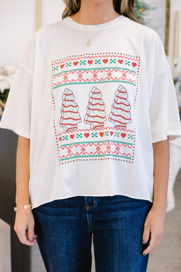 Chic Soul plus size clothing, white short sleeve slightly cropped vintage wash tee with Christmas snack cake and print on the front