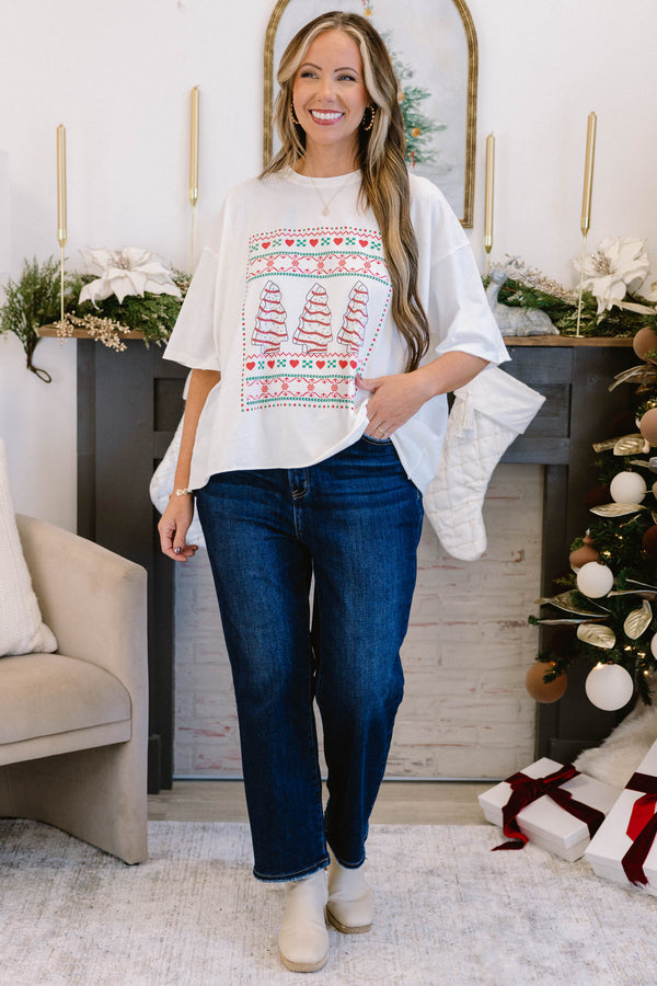 Chic Soul plus size clothing, white short sleeve slightly cropped vintage wash tee with Christmas snack cake and print on the front