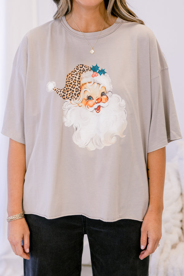 Chic Soul plus size clothing, light grey tan short sleeve slightly cropped tee with a vintage Santa wearing a leopard print hat 