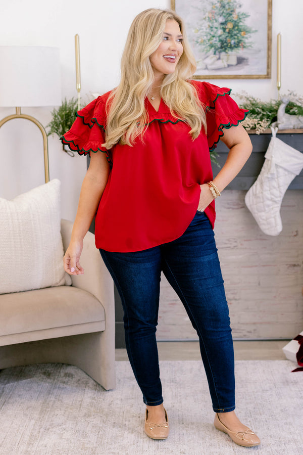Chic Soul plus size clothing, crimson red short flutter sleeve top with green trim along layered flutter sleeve